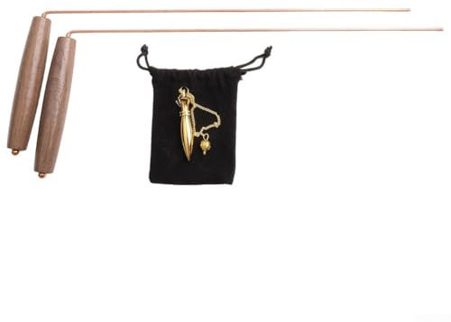 HpLive 99,9 % de cuivre - Ensemble de canne à radiesthésie en laiton - Avec manche en noyer et pendule