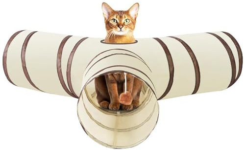 WUMEIJIAJU Tunnel pour chat - Tube pliable à 3 voies avec balle de jouet - Tunnel interactif pour chat d'intérieur, chiots, chatons, lapins, petits animaux domestiques (beige)