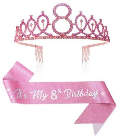 Komoke Set corona di compleanno e fascia per bambine di 8 anni, corona glitterata con strass e fascia di compleanno, decorazione per bambini, regalo di compleanno per ragazze
