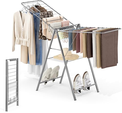 APEXCHASER Drying Rack Clothing, Clothes Drying Rack Foldable, Metal Laundry Drying Rack Collapsible for Sweater Towel Indoor & Outdoor, Height Adjustable Gullwing Clothes Airer, Grey