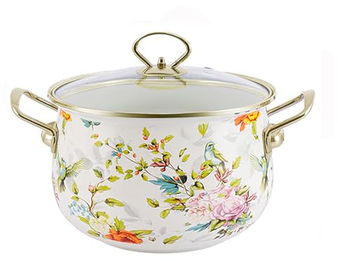 Matlagningskruka vintage emalj gryta med lock stor lager kastrull emalj 5,5 liter nonstick kastrull med glaslock blomma emalj på stål med lock vintage tjock soppkruka med handtag