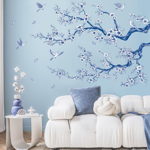 SHUCHING Pegatinas de Pared Ramas de Flores Azules, Vinilo Adhesivo Pared Árbol Flores Grandes, Vinilos Decorativos para Salón Dormitorio