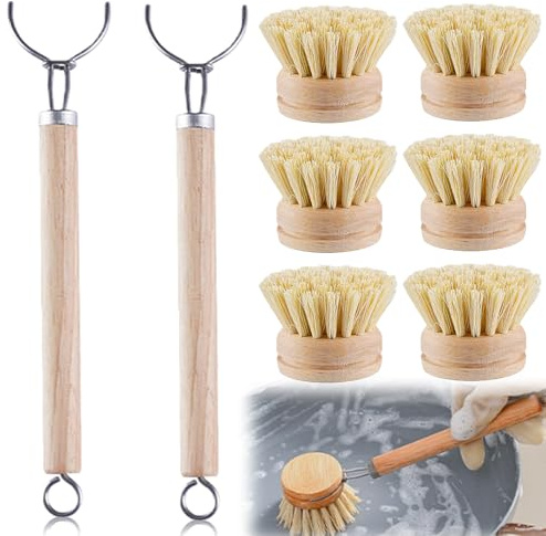 Brosse à Vaisselle en Bois avec Têtes De Brosse Remplaçables, Ensemble De Brosses à Vaisselle, avec 3 Têtes De BrosseRemplaçables, Convient pour La Cuisine (6)