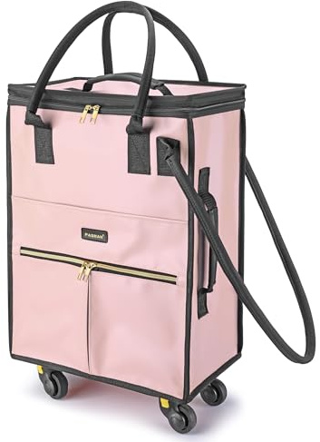Reusable Grocery Bag on Wheels, Foldable Rolling Duffle Bag, Carry on Luggage Bag with Handle and Zipper Cover for Travel, Lightweight Rolling Tote Shopping Carts (Matte-Pink, Small_41L)