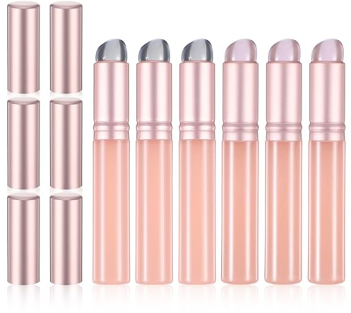TIESOME 6 Pcs Silicone Lip Brush, Round Head Lip Makeup Applicator for Lipstick & Lips Mask, Reusable Silicone Lips Applicator with Lids, Easy Clean Portable (Gray, Pink)