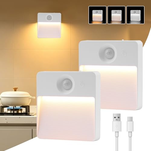 Luce notturna con sensore di movimento, confezione da 2 lampade LED ricaricabili USB con sensore di movimento, 3 modalità (AUTO/OFF/ON), lampada notturna a LED per camera dei bambini, corridoio