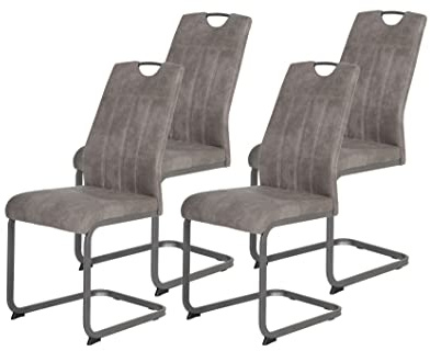 Hela Tische, 4er Set Esszimmerstuhl, Schwingstuhl CHRISTINA, Microfaser Vintage-Optik Grau, Metallgestell Grau, Lehne mit Griff