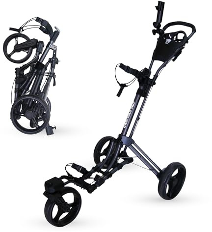 Qwik-Fold 360 Swivel 3 Wheel Push Pull Golf CART - 360* Rotating Front Wheel - ONE Second to Open & Close! (Charcoal/Black)