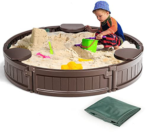 COSTWAY Sabbiera per Bambini con Rotondo Coperchio Impermeabile, Ideale per Giardino, Cortile e Spiaggia,120 x 120 x 21 cm, Marrone