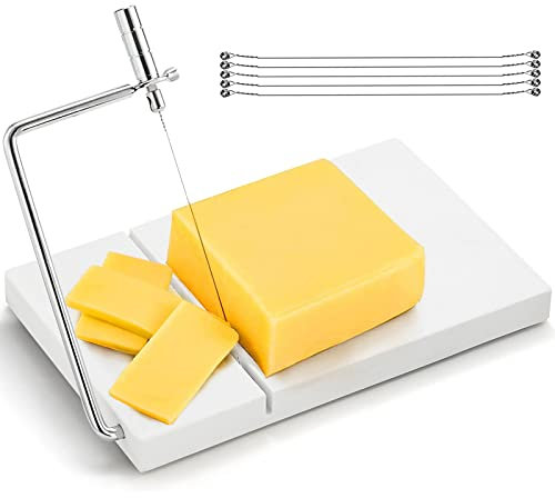 ZEAYEA Cheese Slicer, Marble Cheese Cutter with 6 Wires, 5 x 8 Heavy Duty Cheese Cutting Board for Cut Block Cheeses, Butter, Fruit, Appetizers, White Marble
