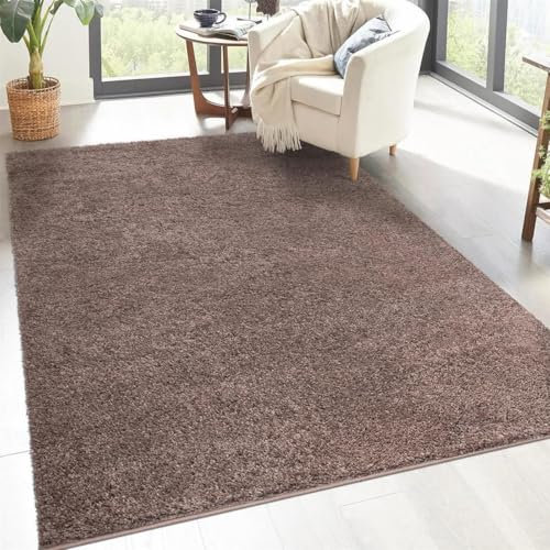 carpet city Shaggy Hochflor Teppich - 150x150 cm Quadratisch - Braun - Langflor Wohnzimmerteppich - Einfarbig Uni Modern - Flauschig-Weiche Teppiche Schlafzimmer Deko
