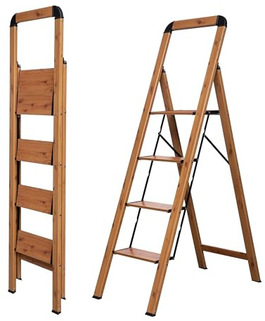 BIBKOKE Scaletta pieghevole in alluminio con finitura venatura del legno, 4 gradini a pedale largo, antiscivolo, portatile, robusto, per casa e cucina, ufficio, 150 kg
