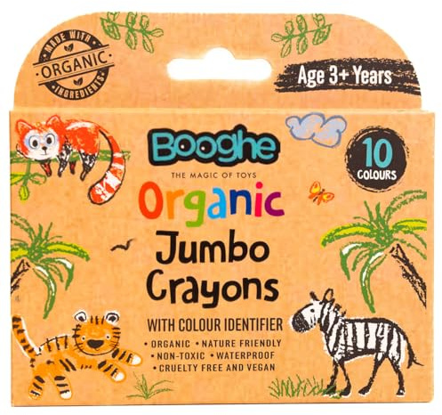 Booghe Kids Jumbo Crayons - Made With Organic Ingredients and Food Grade Colors - Nature Friendly, Non Toxic, Waterproof, Pack of 10, Age 3 + Years