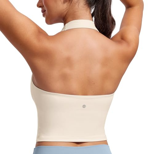 CRZ YOGA Butterluxe Halter Crop Linnen | Lätt stöd, Avtagbara vadderingar, Yoga, Extremt mjuk, Öppen rygg, Långa sport-BH:ar för kvinnor