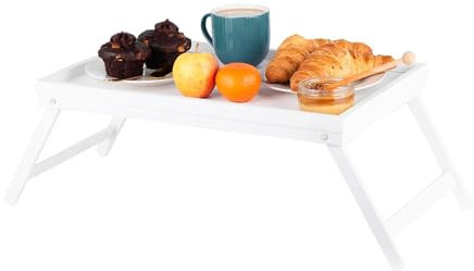 Innoteck Essentials White Bamboo Folding Breakfast Tray - Lightweight & Portable Bed Sofa Table with Folding Legs - Multipurpose Tray for Eating, Working, Serving, Drawing, Laptop Stand & Snack Tray