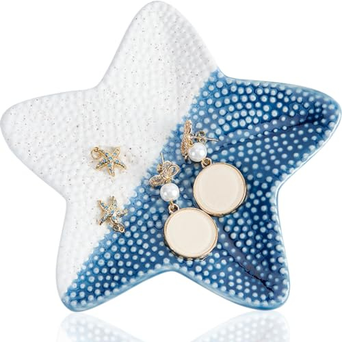 GORGECRAFT Plateau à Bijoux en Forme D'Étoile de Mer Support pour Bagues en Céramique Organisateur de Bijoux Style Été Océan Boucles D'Oreilles Colliers Rangement Décoratif Petite Assiette à Clés Bleu