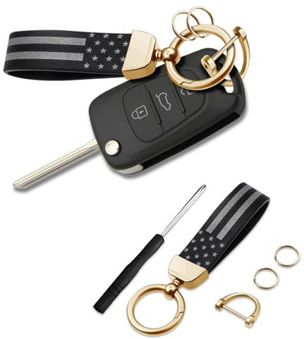 deemars Amerikanische USA Flagge Auto Schlüsselanhänger, 360 ° drehbar Anti-Verlust D-Ring Autoschlüsselanhänger, Flaggenschlüsselanhänger Universal Autozubehör für Männer (Schwarz+Gold)