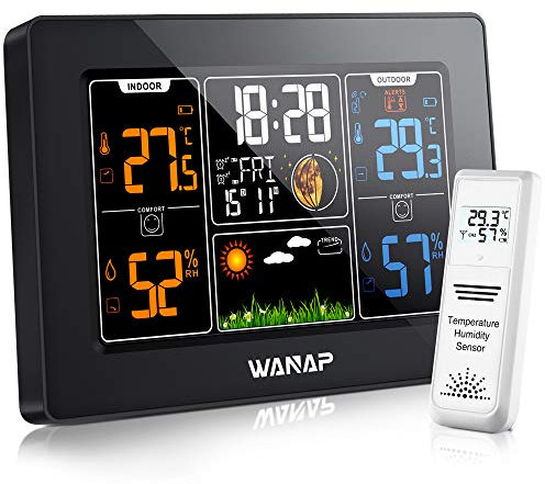 KLADNDER Weather Clock, Wireless Weather Station, Thermometer and Hygrometer, Wireless Weather Station with Outdoor Sensor, Digital Colour Display, Dcf Radio-Controlled Clock, Indoor and Outdoor