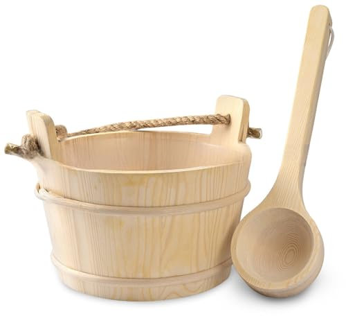 XJKLBYQ Sauna Bucket with Ladle,Handmade Wooden Sauna Bucket Sauna Spa Accessory,4L Wood Sauna Kit with Thick Handle for Sauna Bathroom