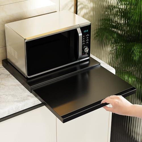 Kitchen Countertop Pull Out Organizer Tray, Microwave Oven Sliding Storage Tray, Coffee Maker Stand Under Oven Drawer Shelf, for Kitchen Appliances (Black)