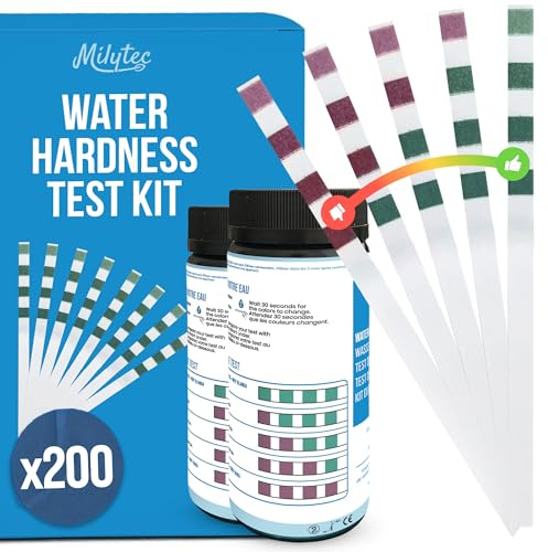 MILYTEC 200 TH-testremsor för dricksvatten – Analyskit för kalkhaltigt vatten hårdhet – TH mjukgörare, akvarium, pool – Enkel mätning med exakta testremsor – °f (FR), °dH (DE), ppm