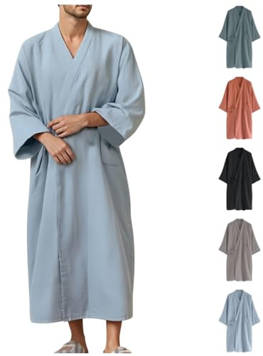 YCBMINGCAN Peignoir léger pour homme en coton, peignoir de sauna fin de style kimono, peignoir long avec col en V et ceinture, peignoir japonais pour spa, sauna et été, #01 bleu clair, XL