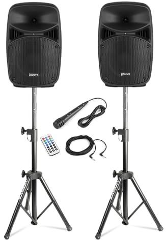 Vonyx VPS082A 8-Inch Active PA DJ Speaker System with Bluetooth, Portable Speakers, Speaker Stands, Wired Microphone, Built-in LED Lights, Ideal for Home DJ Sets & Small Gatherings