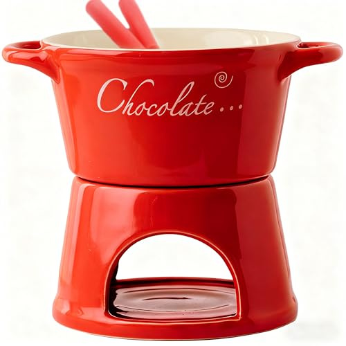 Gwezmxs Fondue de Chocolate en Cerámica Olla Set con 2 Tenedores, Rojo - 300ml