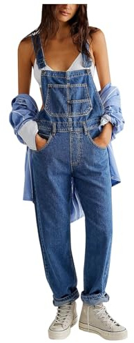 Generic Peto para mujer, vaqueros vaqueros, pantalones de trabajo, holgados, pantalones de verano, pantalones de peto rectos con cómodos y ajustables, #01-azul, L