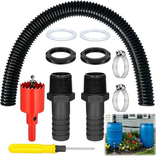 Juego de conectores para barriles de lluvia, rebosadero, kit de conexión para barriles de lluvia, conexión para barril de lluvia, 1 pulgada, manguera de 100 cm para agua de lluvia, toneladas de