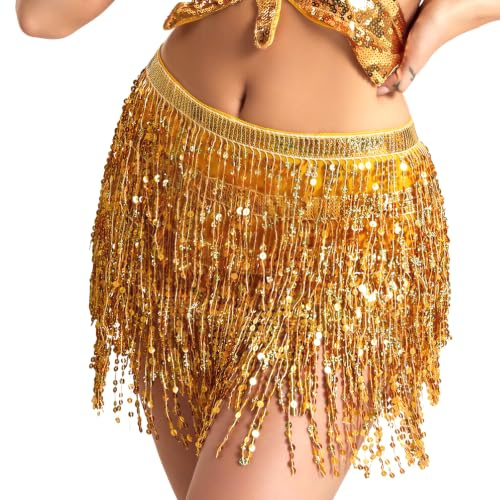Scettar Gold Sequin Skirt Set with Headband for Belly Dance, Zumba & Disco