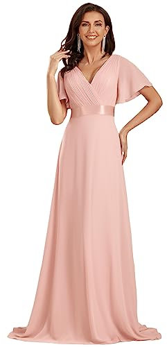 Ever-Pretty Robe De Soirée Style Long Manches Volantées Col en V Jupe Trapèze Robe Femme Chic Et Elegant Rose 50