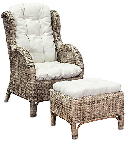 FineHome XXL Relaxsessel Korbsessel Ohrensessel mit Fußhocker aus Rattan, inkl. Polster beige Gartensessel Rattansessel mit Hocker