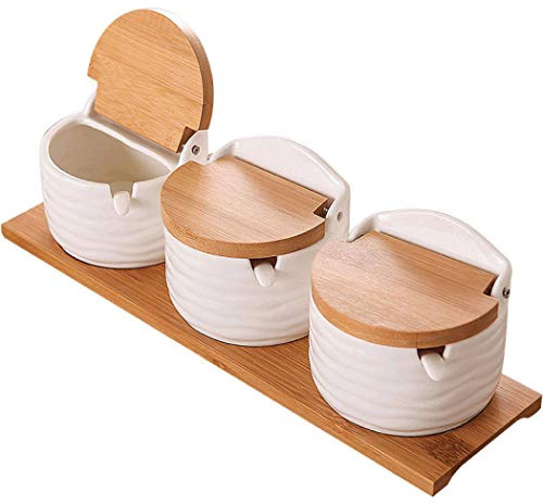 Ceramics Storage Jar Porcelain Condiment Jar Spice Container with with Flip Lid and Spoon - Best Creative Seasoning Box for Your Home, Kitchen, Counter (3)
