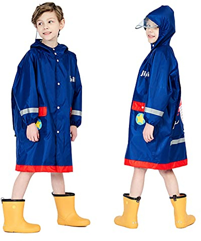 Baogaier Kids Waterproof Ponchos Hooded Boys Rain Poncho Raincoat Puddle Suit Rainwear Refletive 3D Animal Pattern Coat Cover Jacket with Transparent Hat Brim Unisex Children Age 4-6 Years Navy Blue