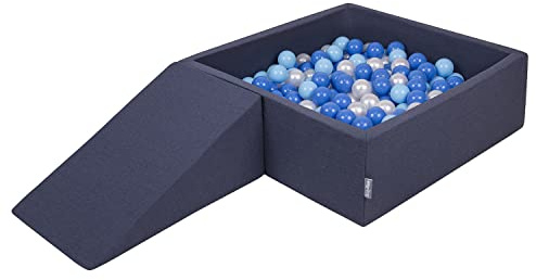 KiddyMoon Area di Gioco in Schiuma con Quadrato Piscina di Palline (200 Palline) per Bambini, Blu Scuro:Azzurro/Blu/Perla