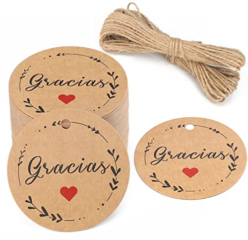 G2PLUS 100PCS Etiquetas de Papel Kraft,Etiquetas de Regalo,Gracias Etiqueta Tiqueta Redonda con Cordel para Boda Fiesta Comunión,Marrón (5x5cm)