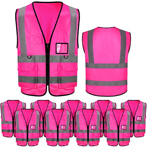 EBOOT 10 Pack Safety Vests with Reflective Strips, High Visibility Vest for Construction, Volunteers, Event Staff, Running(Pink)