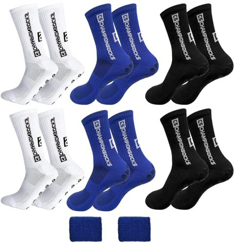 Chaussette Antidérapante Foot 6 Paires Chaussettes Antidérapantes Homme, Chaussette Grip Rugby pour Hommes Femmes, Epaisse Respirant Grip Socks pour Football Rugby Basketball Trekking(Blanc/Noir/Bleu)