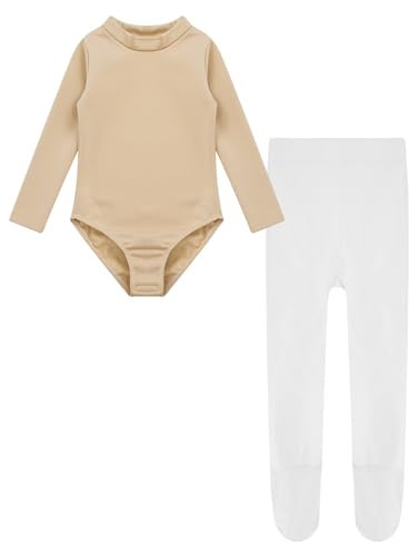 Zaldita Mädchen Gymnastikanzug Langarm Tanz Trikot mit Ballettleggings Turnanzug Trikotanzug mit Strumpfhose Tanzkleidung B Nude&White Stehkragen 104-110