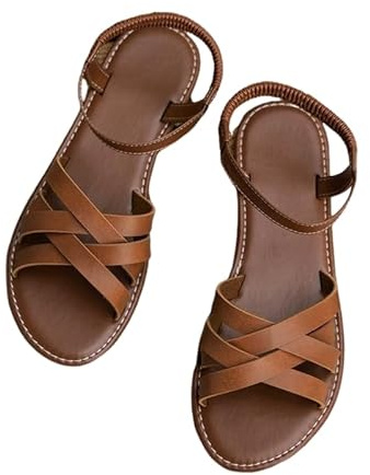 MEIION Aya - Sandales d'été plates en cuir pour femme - Sandales plates à lanières ouvertes au niveau des orteils, marron, 42 EU