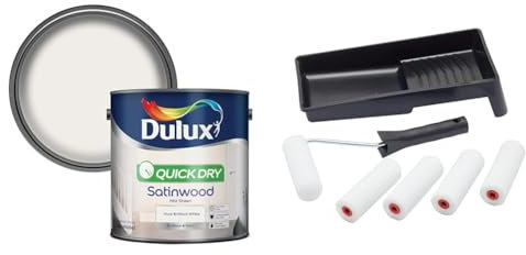 Dulux Quick Dry Satinwood Paint For Wood And Metal - Pure Brilliant White 2. 5 Litres & Fit For The Job 7 pc Foam Mini Paint Roller Set for Painting with Gloss & Satin
