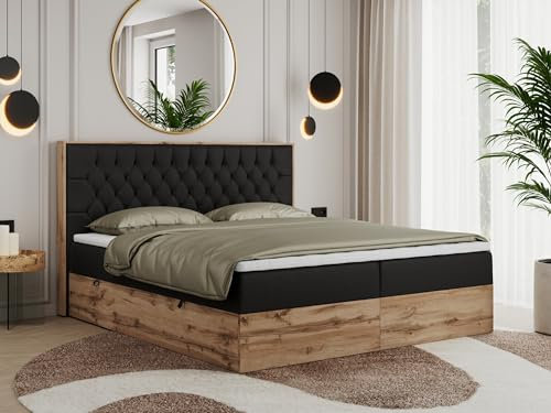 MKS MEBLE Boxspringbett 200x200 mit Bettkasten Eiche, Polsterbett 200x200 mit Matratze H3, Bett 200x200 mit Kopfteil, Bett mit Holzrahmen in Wotan Eiche - Schwarz Kunstleder - Amore