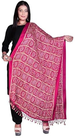 BishtHub Fashion Rajasthanitryckt Traditionell Sidenbandhej Dupatta Chunni Scarf För Kvinnor -(Rani)