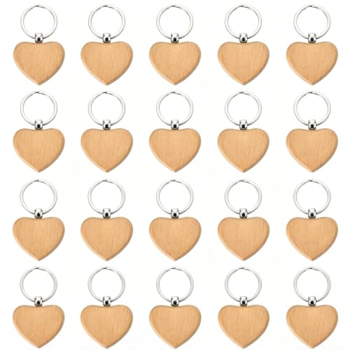 DAYIsjz nyckelring trä 20 stycken nyckelhängare blank gör-det-själv nyckelring trä trä tomt hjärta nyckelring trä nyckelring för gör-det-själv snidning, dekoration, presenter, målning, Träfärg, En