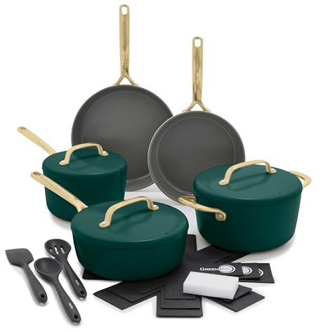 GreenPan GP5 Hard Anodized Healthy Ceramic Nonstick 14 Piece Cookware Pots and Pans Set, Induction, PFAS-Free, Heavy Gauge Stay-Flat Surface, Champagne Handles, Oven Safe, Rainforest Green
