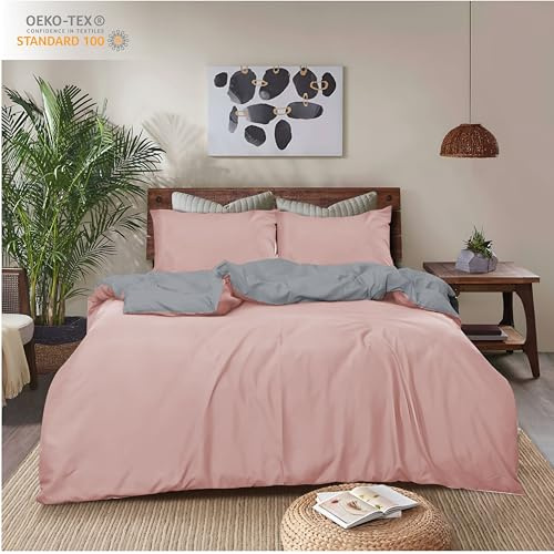 REHAN & CO Super King Duvet Cover Sets – Soft Brushed Microfiber Bedding – Reversible Quilt Cover With Pillow Cases (Blush/Grey)