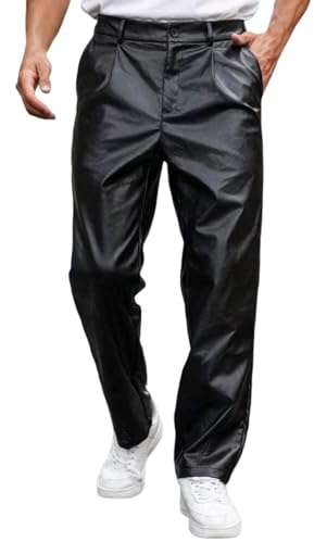 Foweknow Lederhose Herren Bikerjeans PU Leder Bikerhose wasserdichte Weich Straight Bein Nachtclubhose Winddicht Relaxed Fit Motorradhose Baggy Trendings Freizeithose Outdoorhose