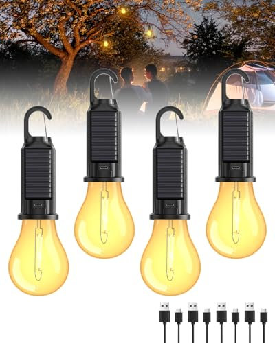 Rechargeable Camping Light,Solar Camping Lantern 3Lighting Modes, IP65 Waterproof Tent Light with Hanging Hook,LED Camping Lights for Tent,Emergency Outages,Camping Equipment,Outdoor Hiking, pack of 4