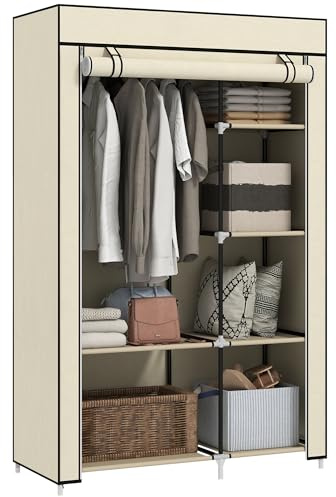 HOMCOM Fabric Wardrobe, Portable Wardrobe with 6 Shelves, 1 Hanging Rail, Foldable Closets, 103 x 43 x 162.5 cm, Cream White